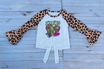 DLH2733 STUCK on you leopard prints cactus & hearts raglan girls top A7S7