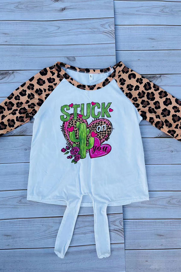 DLH2733 STUCK on you leopard prints cactus & hearts raglan girls top A7S7