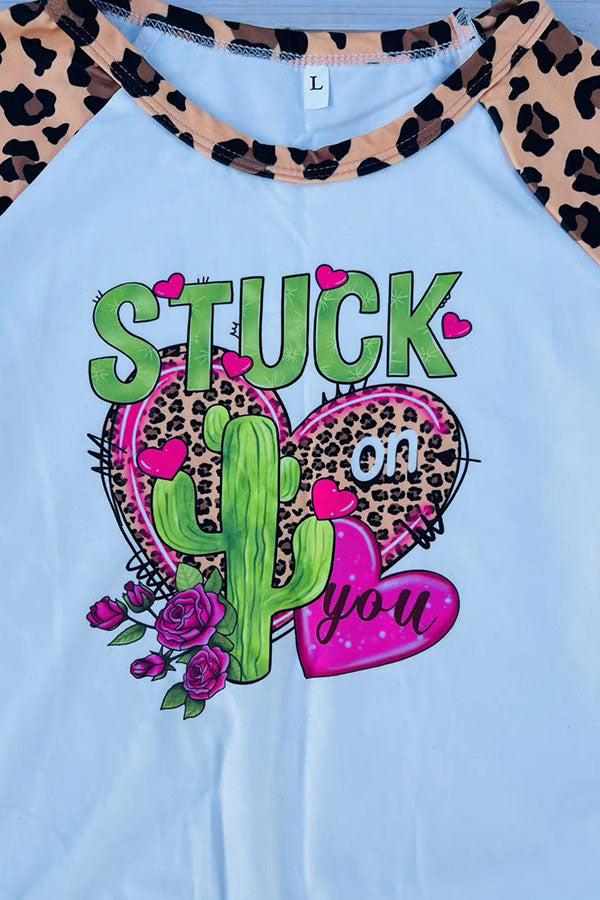 DLH2733 STUCK on you leopard prints cactus & hearts raglan girls top A7S7