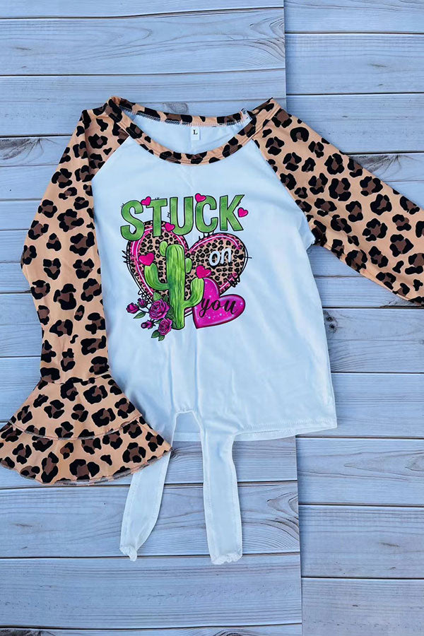 DLH2733 STUCK on you leopard prints cactus & hearts raglan girls top A7S7