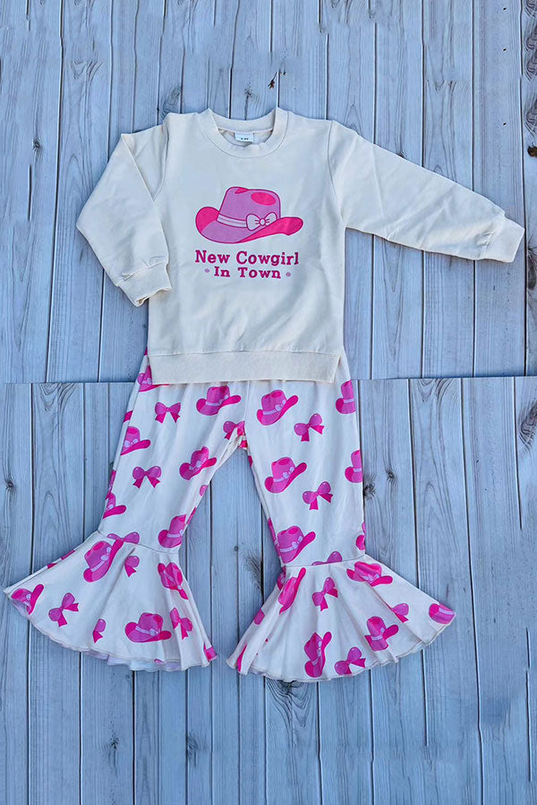 Western "New Cowgirl In Town" & hat prints long sleeve top & pant 2pc girls set 251148M