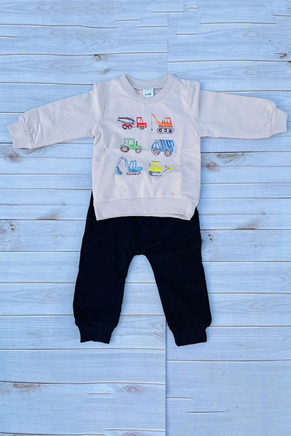 Tractor printed long sleeve top with black pant 2pc baby boy set 250939M