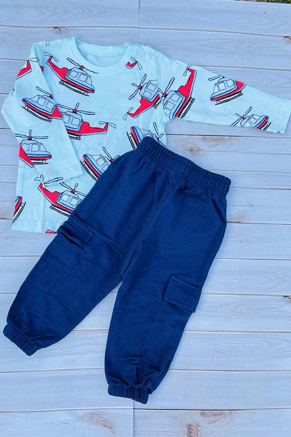 Blue helicopter printed long sleeve top & blue pant 2pc boy sets 250942M
