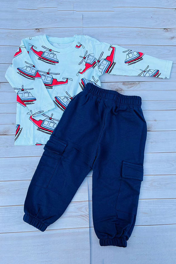Blue helicopter printed long sleeve top & blue pant 2pc boy sets 250942M