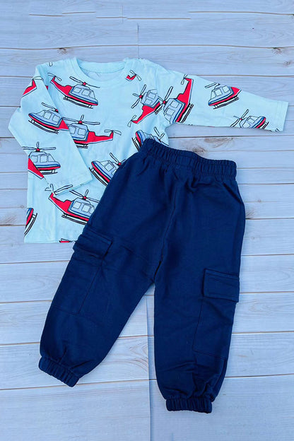 Blue helicopter printed long sleeve top & blue pant 2pc boy sets 250942M