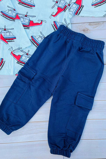 Blue helicopter printed long sleeve top & blue pant 2pc boy sets 250942M