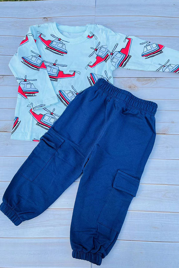 Blue helicopter printed long sleeve top & blue pant 2pc boy sets 250942M