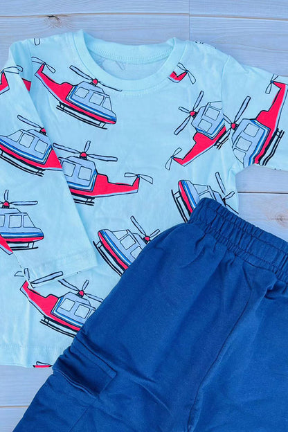 Blue helicopter printed long sleeve top & blue pant 2pc boy sets 250942M