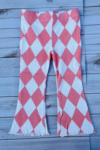 Ribbed knitted fabric pink checkered flare leg girls pant 250947M