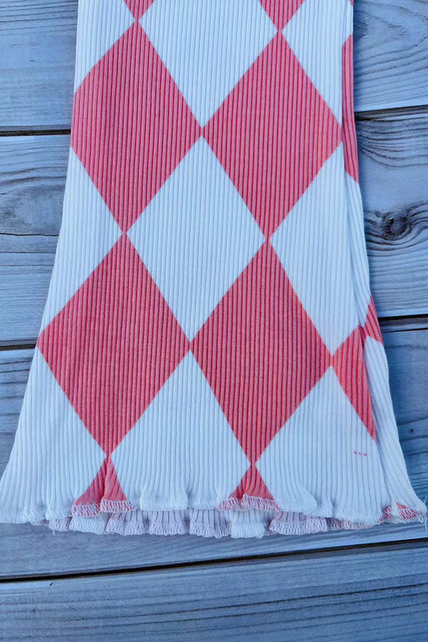 Ribbed knitted fabric pink checkered flare leg girls pant 250947M