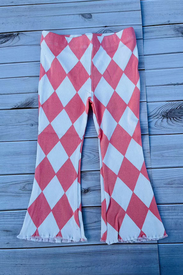 Ribbed knitted fabric pink checkered flare leg girls pant 250947M