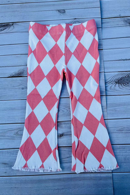 Ribbed knitted fabric pink checkered flare leg girls pant 250947M