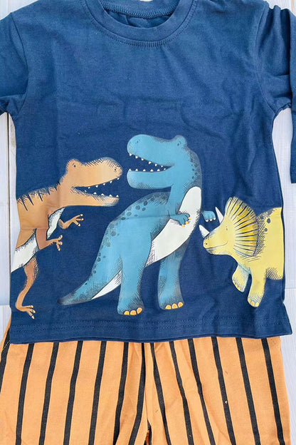 Dinosaur printed blue top & yellow stripes pant 2pc boy's set 250944M