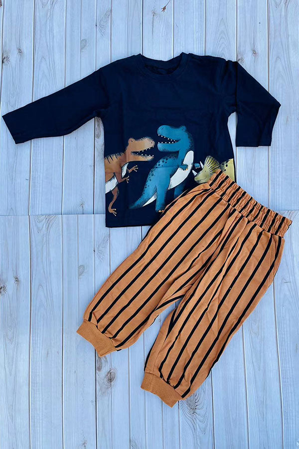 Dinosaur printed blue top & yellow stripes pant 2pc boy's set 250944M