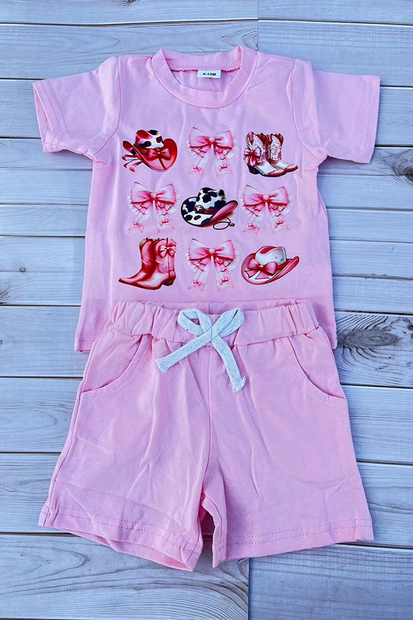 Western bow & hat & boots printed 2pc girls set 250938M