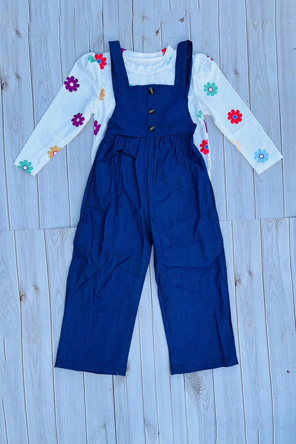 Ribbed knitted floral top blue denim junmpsuit 2pc girls set 250941M