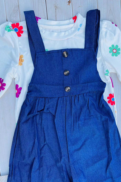 Ribbed knitted floral top blue denim junmpsuit 2pc girls set 250941M