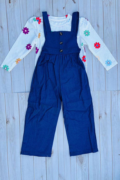 Ribbed knitted floral top blue denim junmpsuit 2pc girls set 250941M