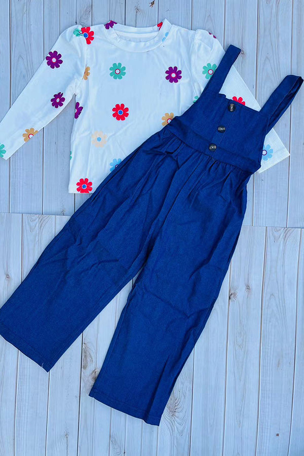 Ribbed knitted floral top blue denim junmpsuit 2pc girls set 250941M