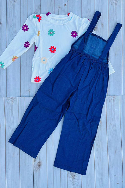 Ribbed knitted floral top blue denim junmpsuit 2pc girls set 250941M