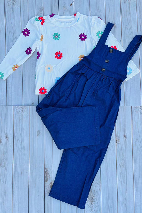 Ribbed knitted floral top blue denim junmpsuit 2pc girls set 250941M
