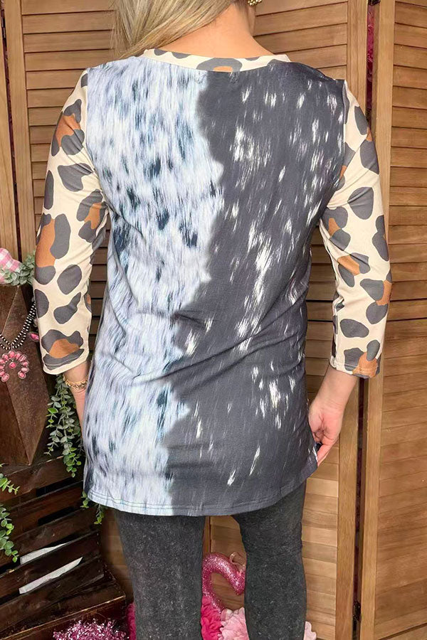 Western half tie dye leopard 3/4 sleeve & bull printes women top XCH14766