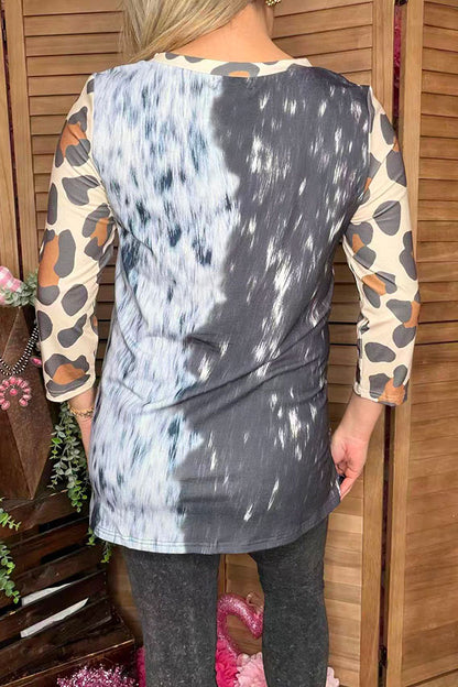 Western half tie dye leopard 3/4 sleeve & bull printes women top XCH14766