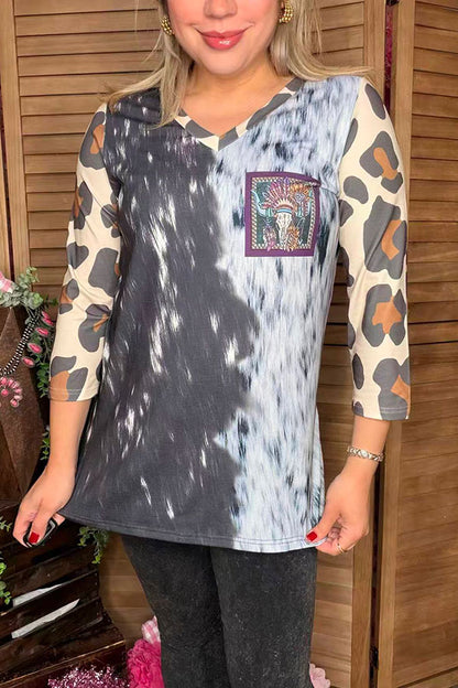 Western half tie dye leopard 3/4 sleeve & bull printes women top XCH14766