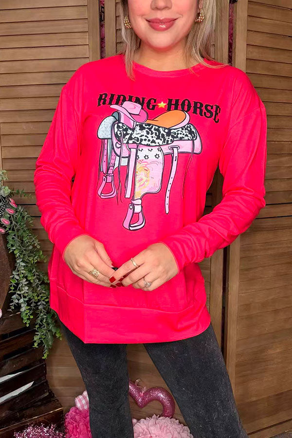 Western Valentine RIDING HORSE printed hot pink long sleeve women top XCH13185