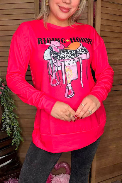 Western Valentine RIDING HORSE printed hot pink long sleeve women top XCH13185