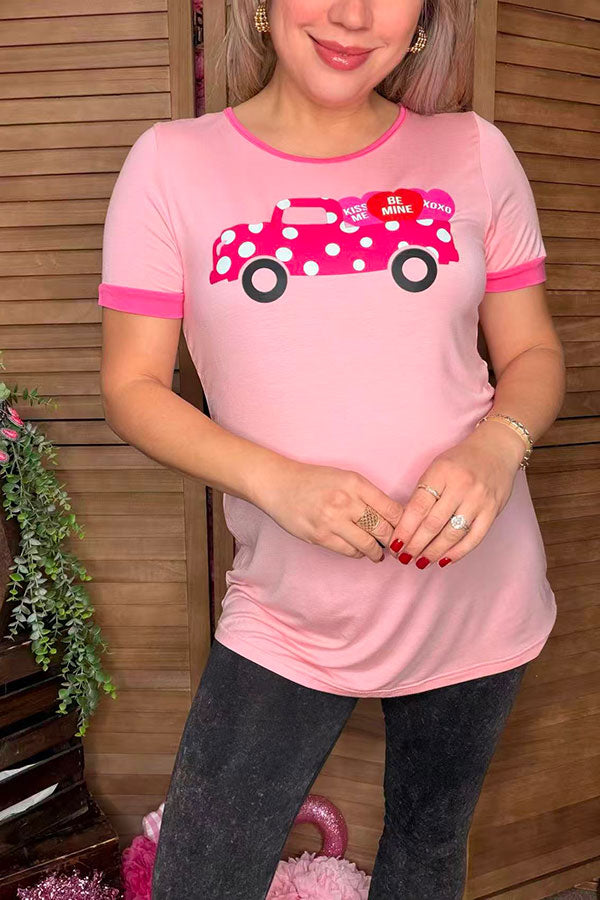 Valentines day pink/white polka dot truck w hearts printed women t-shirt DLH8848