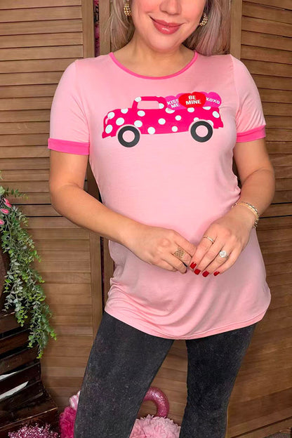 Valentines day pink/white polka dot truck w hearts printed women t-shirt DLH8848