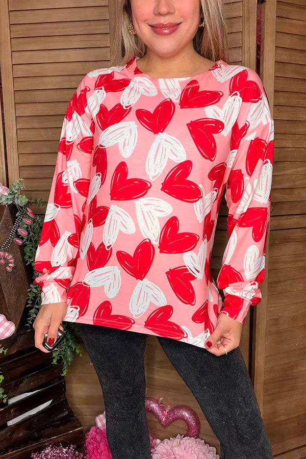 Valentine red & white hearts prints pink long sleeve women shirt BQ15307