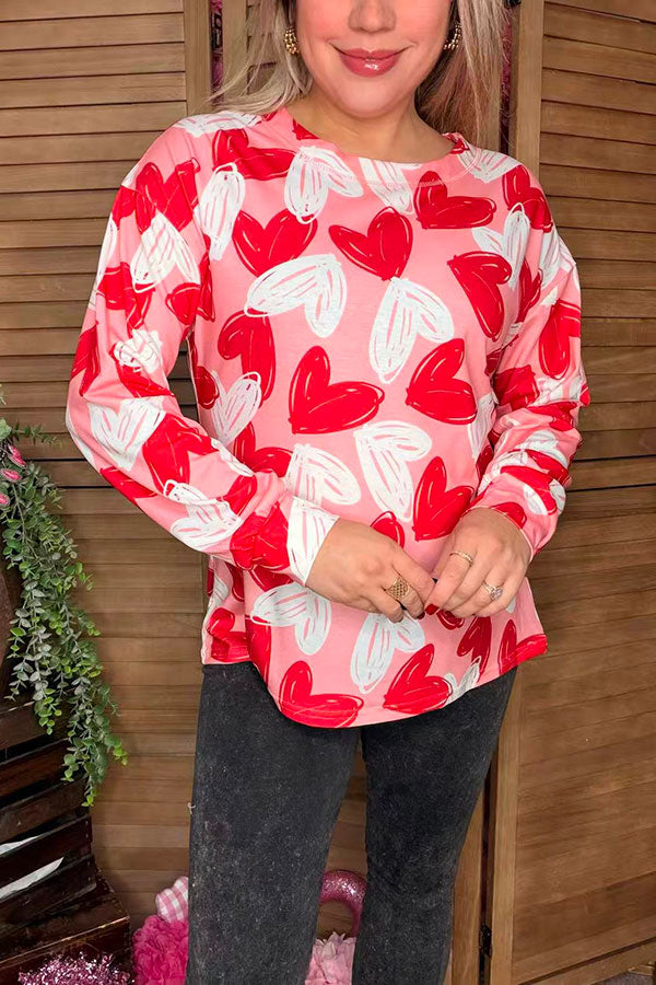 Valentine red & white hearts prints pink long sleeve women shirt BQ15307