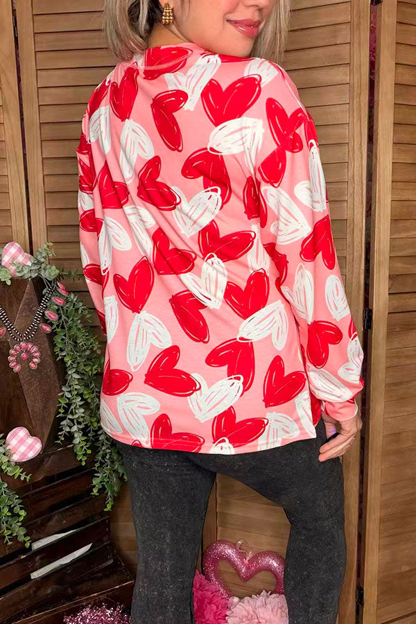 Valentine red & white hearts prints pink long sleeve women shirt BQ15307