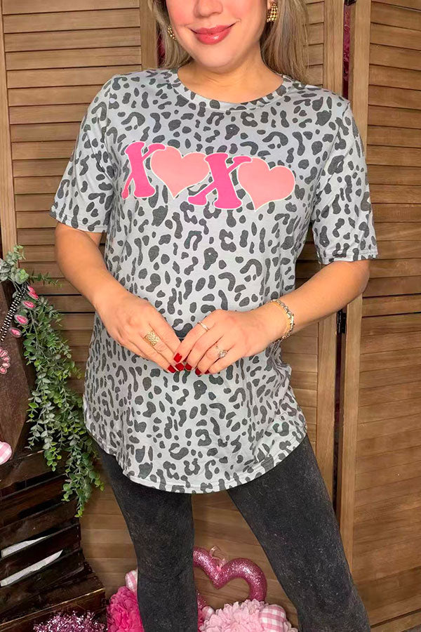 XOXO hearts & leopard printed short sleeve women t-shirt DLH12149
