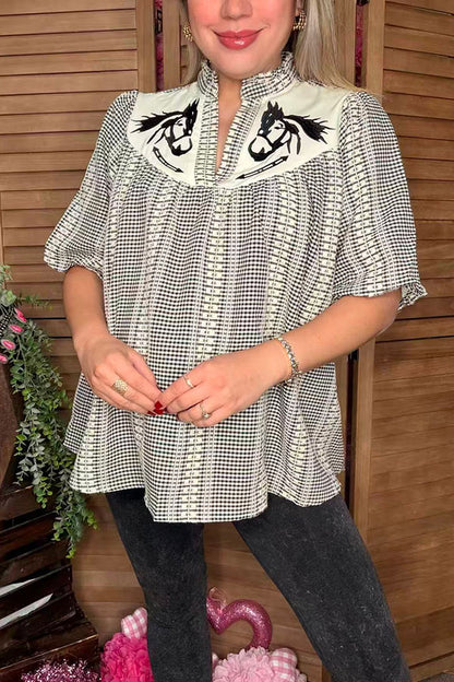 Western horse embroidery gallop gingham puff short sleeve black women blouse XCH16761
