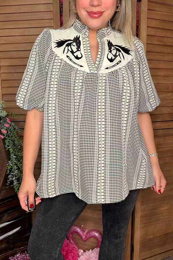 Western horse embroidery gallop gingham puff short sleeve black women blouse XCH16761