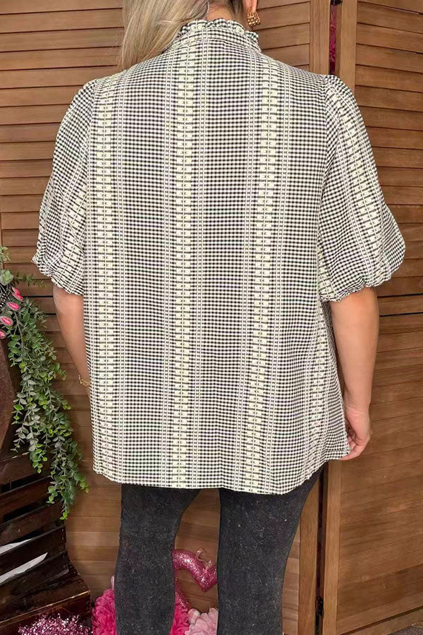 Western horse embroidery gallop gingham puff short sleeve black women blouse XCH16761