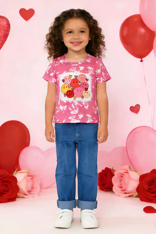 Kids Smile face printed pink short sleeve girls tops DLH2749
