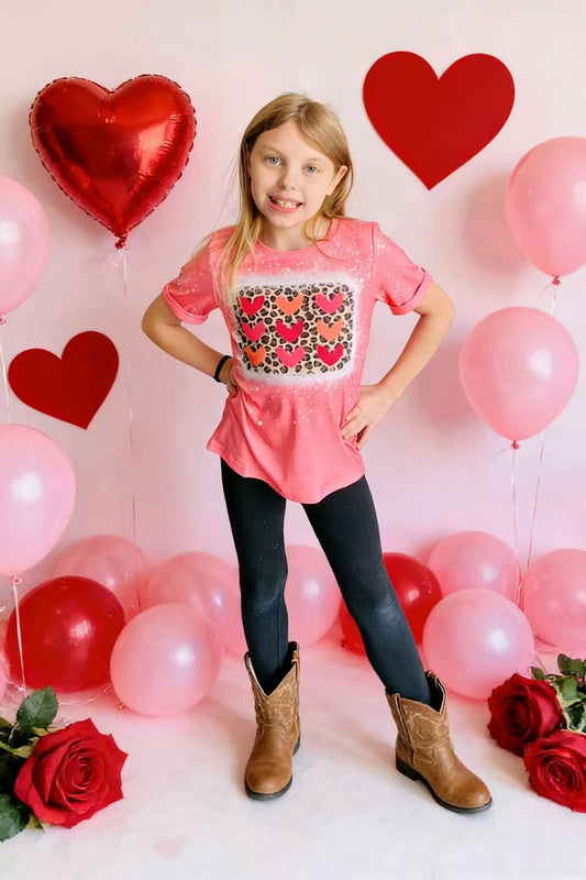 XCH0011-9H Kids hearts & leopard printed short sleeve top
