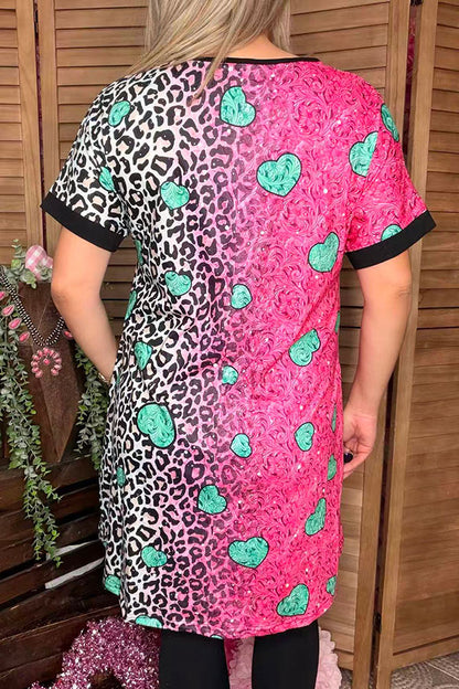Paisley & Leopard fuchsia/teal hearts printed short sleeve women dress XCH14530