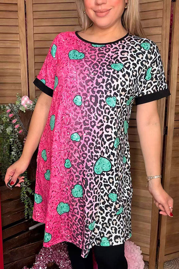 Paisley & Leopard fuchsia/teal hearts printed short sleeve women dress XCH14530