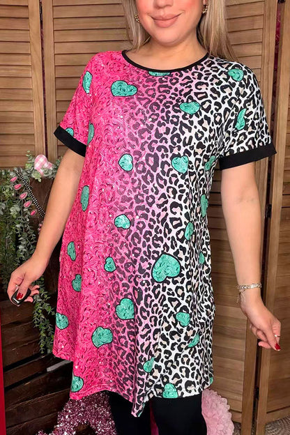 Paisley & Leopard fuchsia/teal hearts printed short sleeve women dress XCH14530