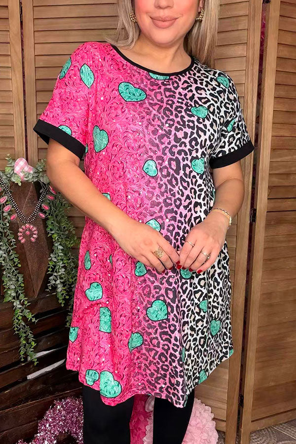 Paisley & Leopard fuchsia/teal hearts printed short sleeve women dress XCH14530