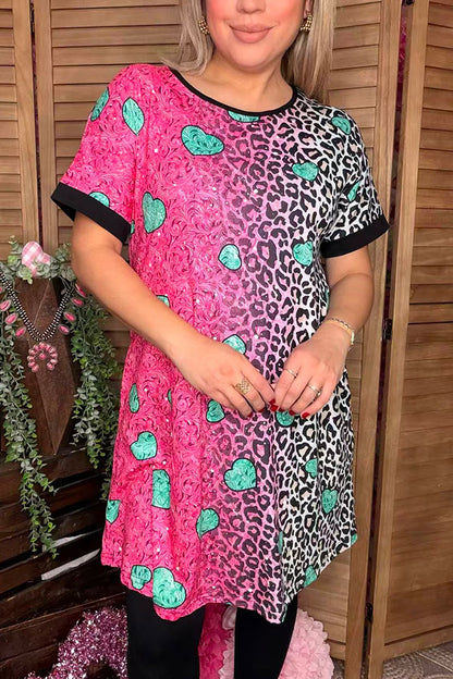 Paisley & Leopard fuchsia/teal hearts printed short sleeve women dress XCH14530