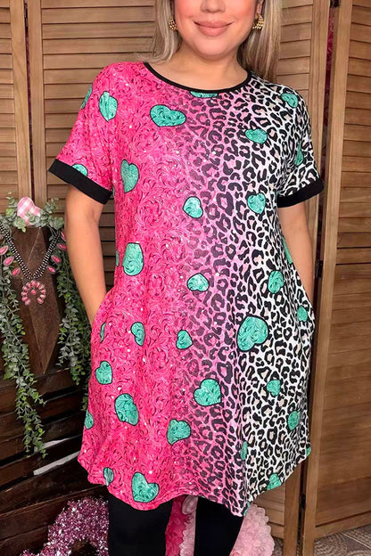 Paisley & Leopard fuchsia/teal hearts printed short sleeve women dress XCH14530