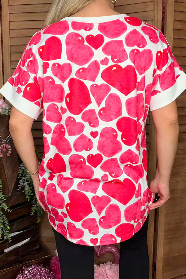 Heart printed top w/gold sequin short sleeve women t-shirt XCH14529