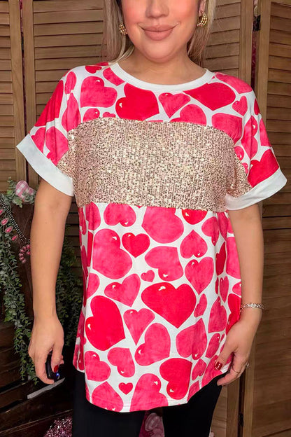 Heart printed top w/gold sequin short sleeve women t-shirt XCH14529