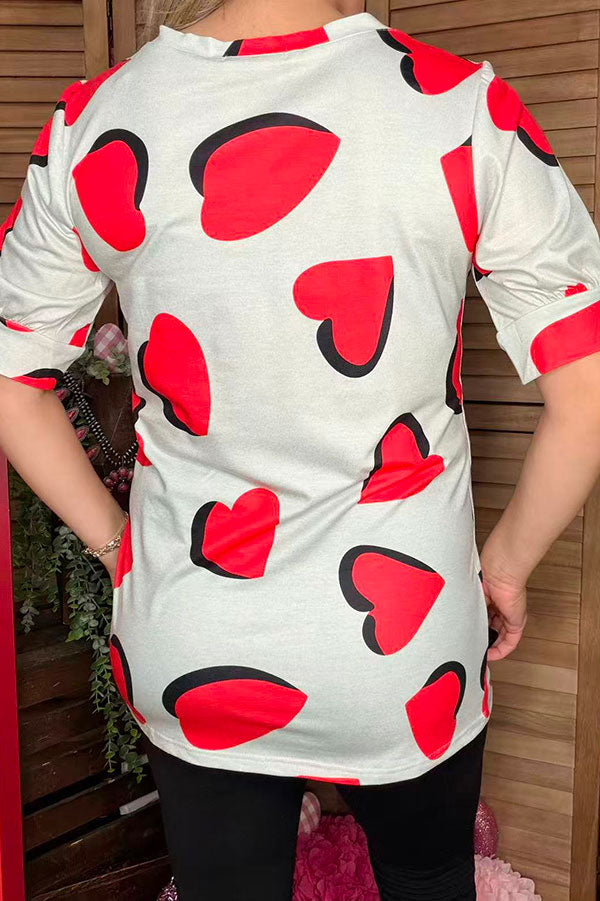 Hearts printed short sleeve women top w/v-neckline GJQ12512